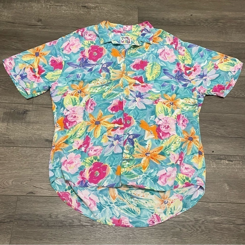 Jams World Vintage Women’s Floral Hawaiian Button Up Short Sleeve Shirt Sz L
